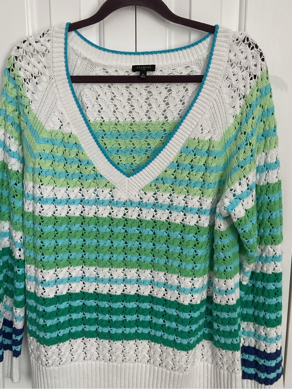 Talbots Striped Open-Knit V-Neck Sweater in Green, White & Blue